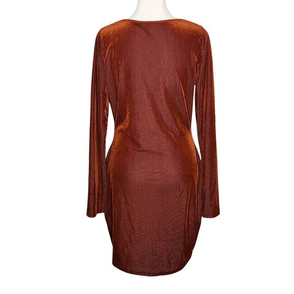 Bear Dance Ribbed Velvet Bodycon Mini Dress Rust Long Sleeve Women's Large Y2K - Picture 4 of 10